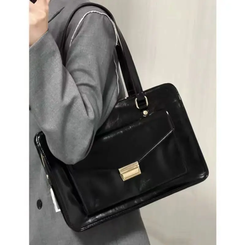 JIAERDI Vintage Black Shoulder Bag Briefcase Women Preppy Style Pu Leather Jk Handbag Ladies Large Capacity Casual Handbags Y2k