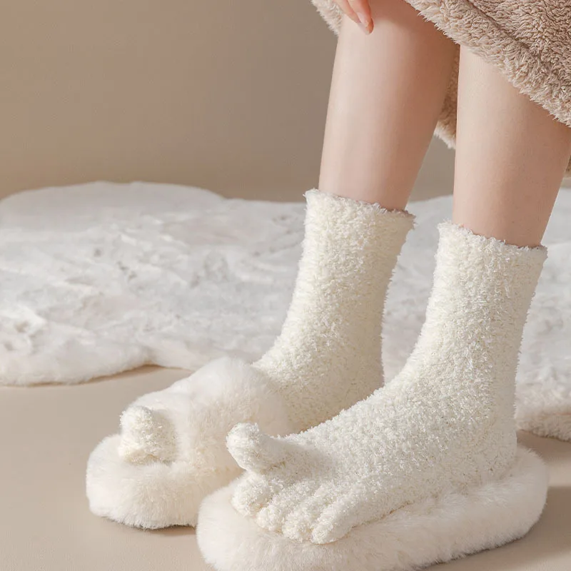 Women Thick Five Toe Socks Winter Warm Fluffy Thermal Socks Soft Coral Fleece Cozy Hosiery Girls Female Floor Slippers Sock