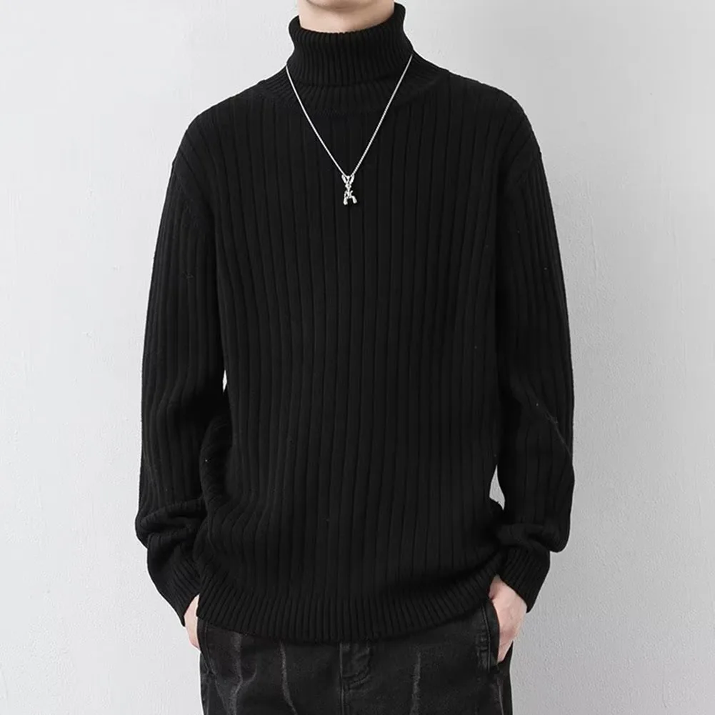 Mens Autumn Winter Long Sleeve Turtleneck Knit Sweaters Fashion Vintage Pullover Solid Color Warm Tops