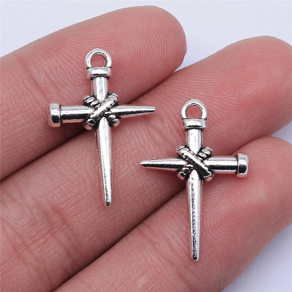 WYSIWYG 10pcs 22x16mm Antique Silver Color Nail Cross Charms Pendant For Jewelry Making DIY Jewelry Findings