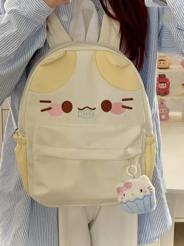 Women's Lovely Waterproof Nylon Backpack with Cartoon Cat Eat Fish Design Schoolbag for Girls with Stitch Detail Book Bag