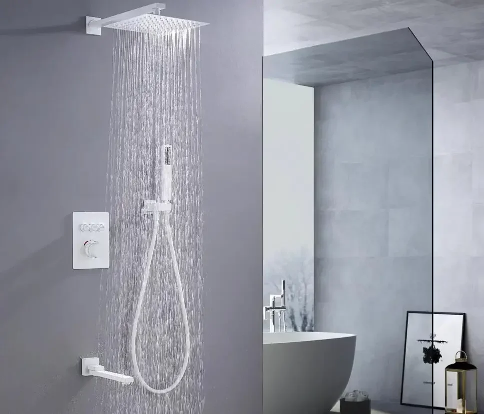 white color square Rain Shower Head 3 wayThermostatic Bath 10 inch Shower Set Wall Mounted thermostatic shower set IS609