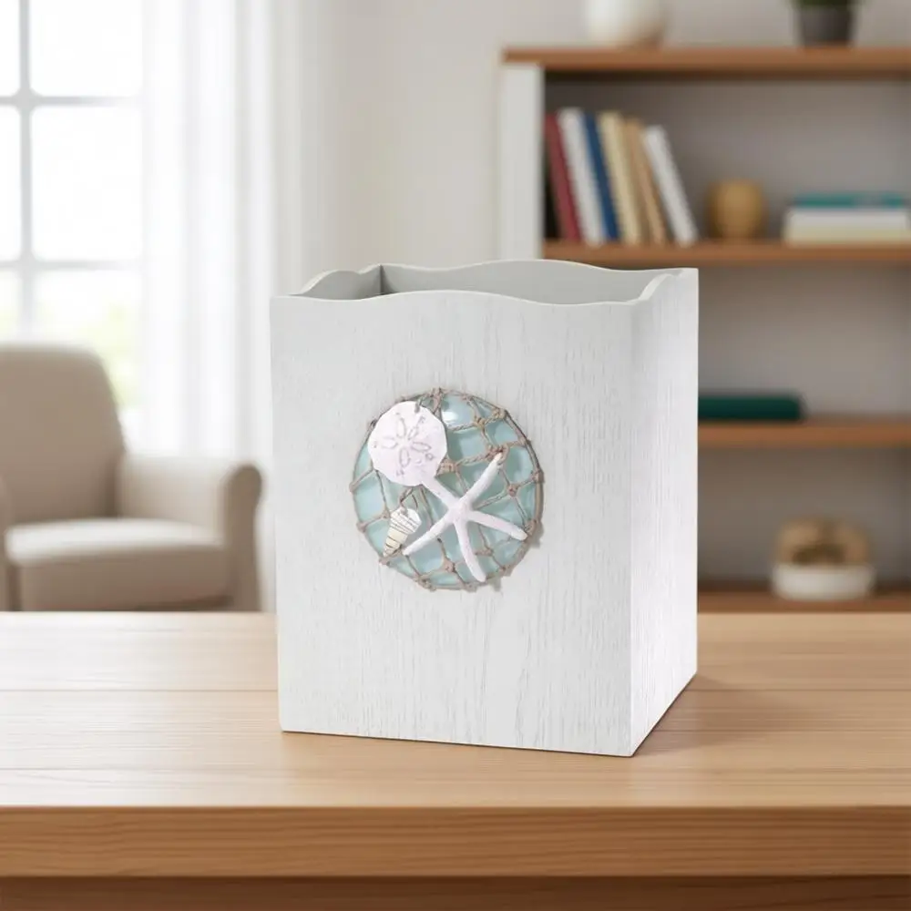 

Coastal-Themed Bathroom Accessories: Seaglass-Inspired Wastebasket and Decorative Trash Bin