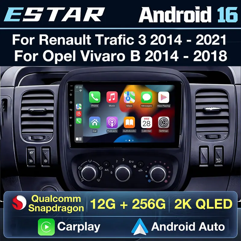 Wireless Carplay Android 16 For Renault Traffic 3 2014-2021 For Opel Vivaro B 2014-2018 Car Radio 4G LTE Stereo Head Unit BT SWC