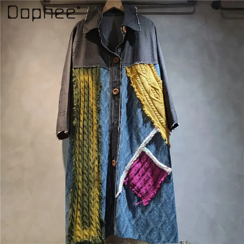

2025 Autumn Winter New Women's Fashion Casual Versatile Black Denim Patchwork Knit Jacket Loose Trendy Long Denim Jacket