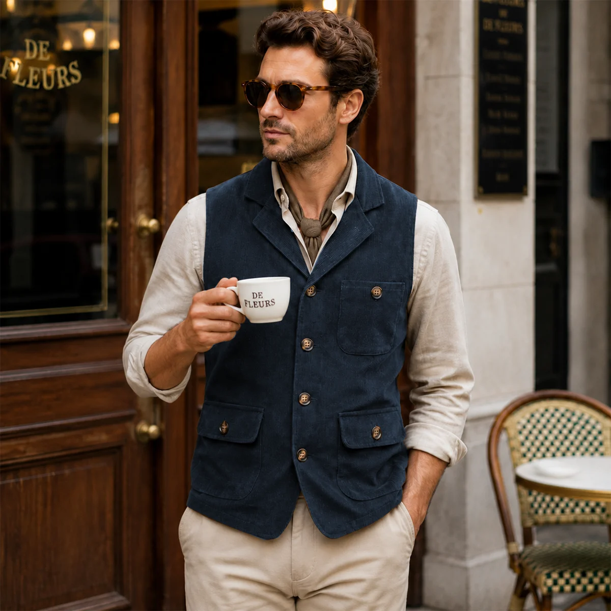 Herren Vintage Cord-Anzugweste mit Revers, Verstellbarem Rückengurt, Ärmellos, Business-Casual-Gilet mit Mehreren Taschen – Detail 6