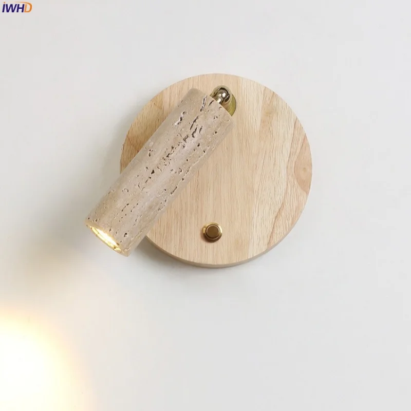 

IWHD Japan Wabi Sabi LED Wall Sconce For Reading Bedside Lamp With Button Switch Yellow Travertine Living Room Lights Wandlampen