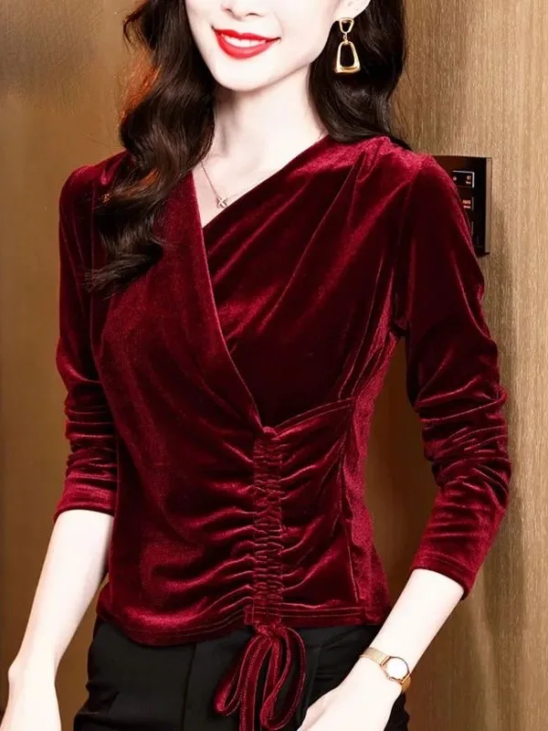 

Velvet Base irt Women's Inner Wear Outer Wear Cross V-ne Design Sensation Dstring Faionable Small irt Fem