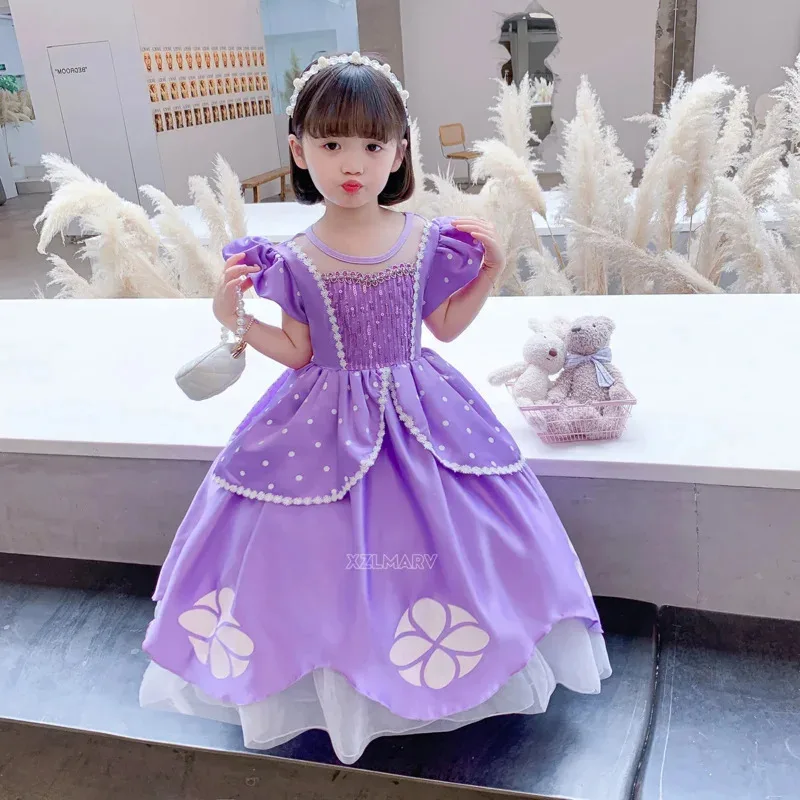 Princess Sofia Dress for Girl Kids Cosplay Costume Puff Sleeve Layerd Dresses Child Party Birthday Sophia Fancy Costumes