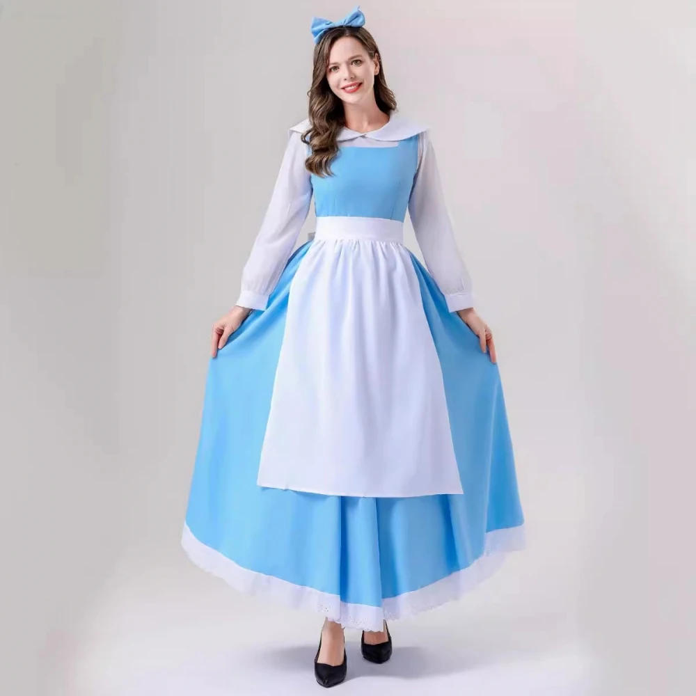 Fsia de Maid Azul Cosplay Princesa Belle Vestido Longo Fsia de loween Roupa Tradicional Chinesa para Mulheres