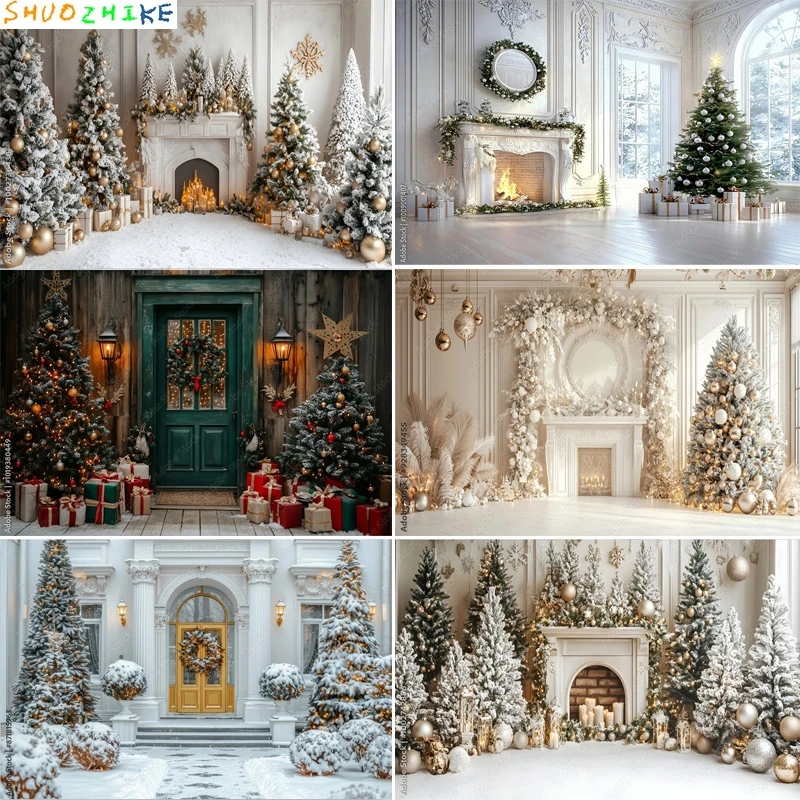 

Christmas Day Pine Tree Photography Backdrop Props Xmas Eve Family Party Living Room Decor Fireplace New Year Background CT02