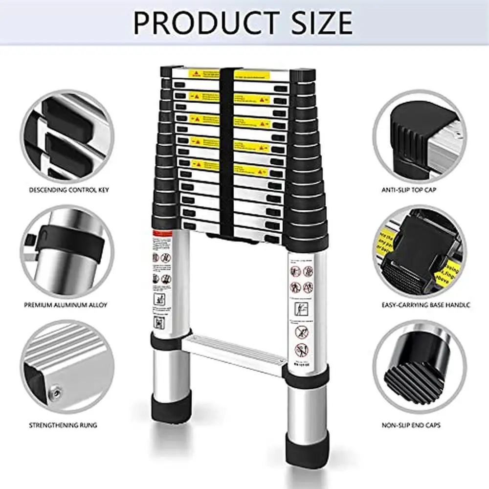 14.5FT Aluminum Telescoping Extension Loft Ladder Compact Household Outdoor Working Portable Safe Reliable Easy Use High Load