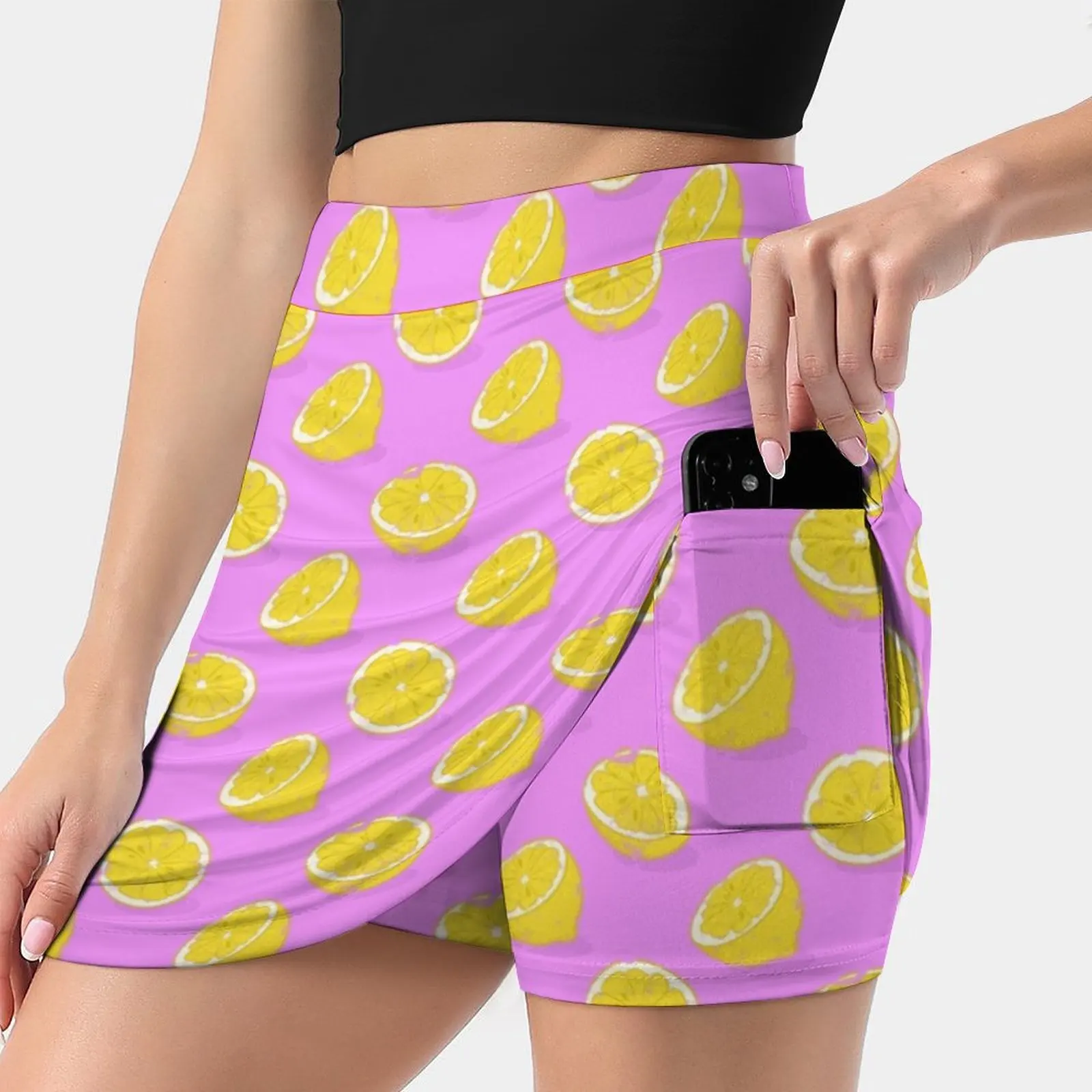 Lemon Trending Fashion Skirt Summer Printed Women Sport Skirts Double-Layer Athletic Food Fruit Pattern Plant Tropics Flora