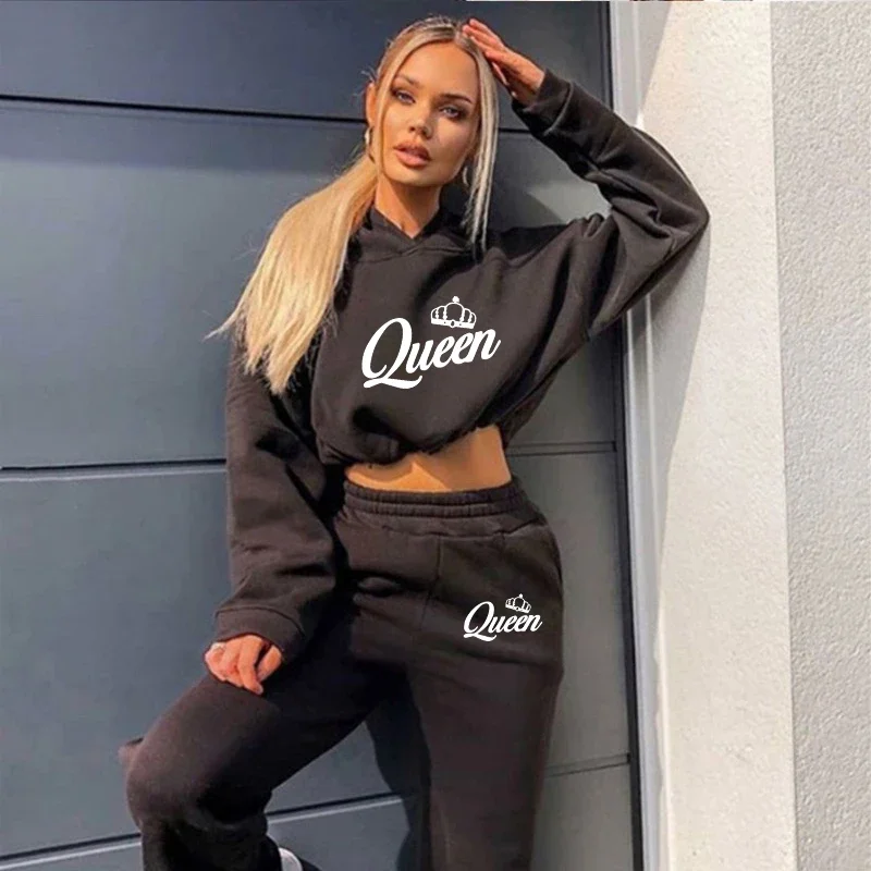 Womens 2 Pieces Suit Hooded Print Pullover Tracksuit Set Drawstring Short Sweatshirts Casual Sweatpants Jogging Home Clothing