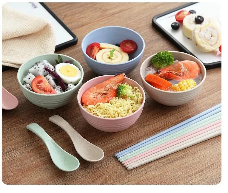 Juego de cuencos y palillos de paja de trigo para uso individual en dormitorios estudiantiles, cuencos pequeños y bonitos, cuencos para cereales, cuencos para arroz