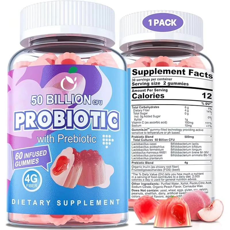 

Sugar Free Probiotic Gummies with 50 Billion CFU of 11 Probiotic Filled Gummies Containing Prebiotic Fibers, Peach Flavor