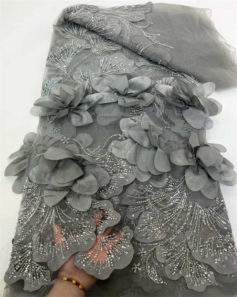 3D цветок блестки кружевная ткань роскошная французская африканская вышивка бисером тюль кружевная ткань для ужина свадебная одежда материал