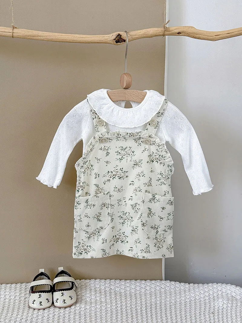 

LILIGIRL New Autumn Baby Clothes Set 6M-3T Sweet Girls Hollow Out Love Bottoming Shirt +Floral Strap Dress Toddler Outfit 2PCS