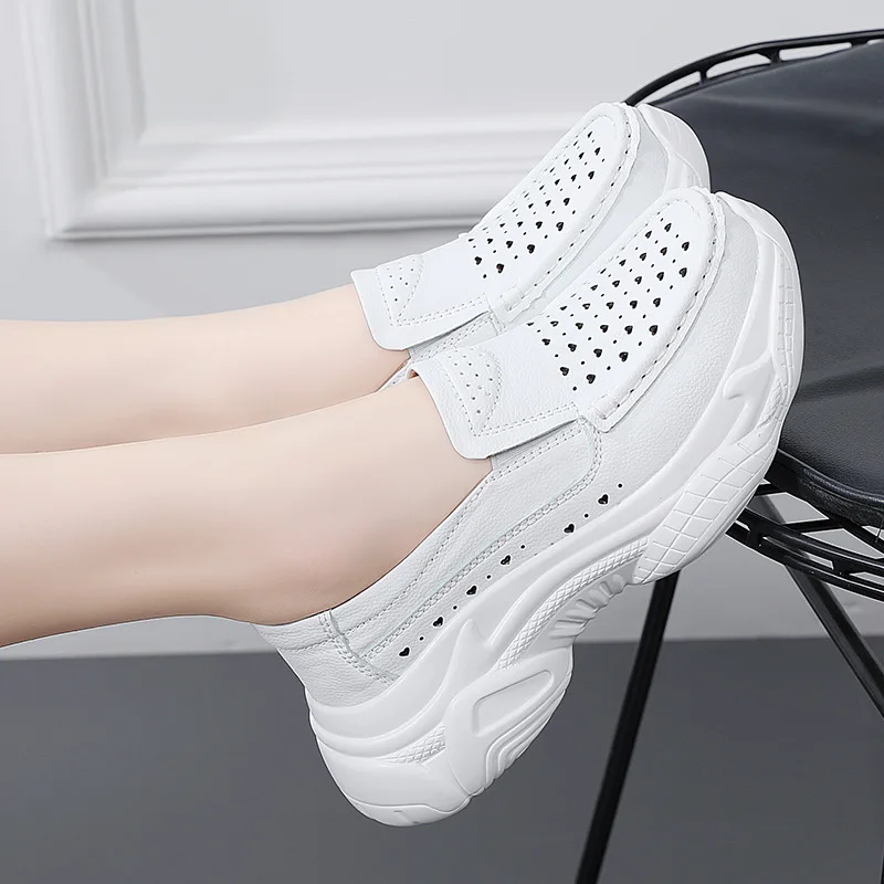 Summer Hollow-out Nurses' Shoes Women's Shoes Casual White Soft Leather Comfortable Thick-soled Work Shoes