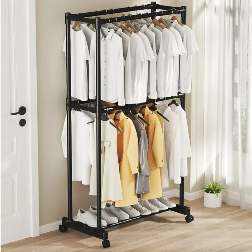 Rolling Racks for Clothing Metal Garment Rack with Double Rod Simple Portable Clothes Rack Modern Floor Type Clothes Hanger