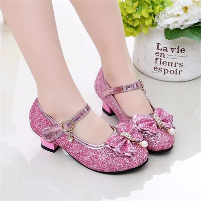 Girls shiny pearl bow non-slip round toe casual shoes, kids 2024 summer sweet PU single shoes size:26-36