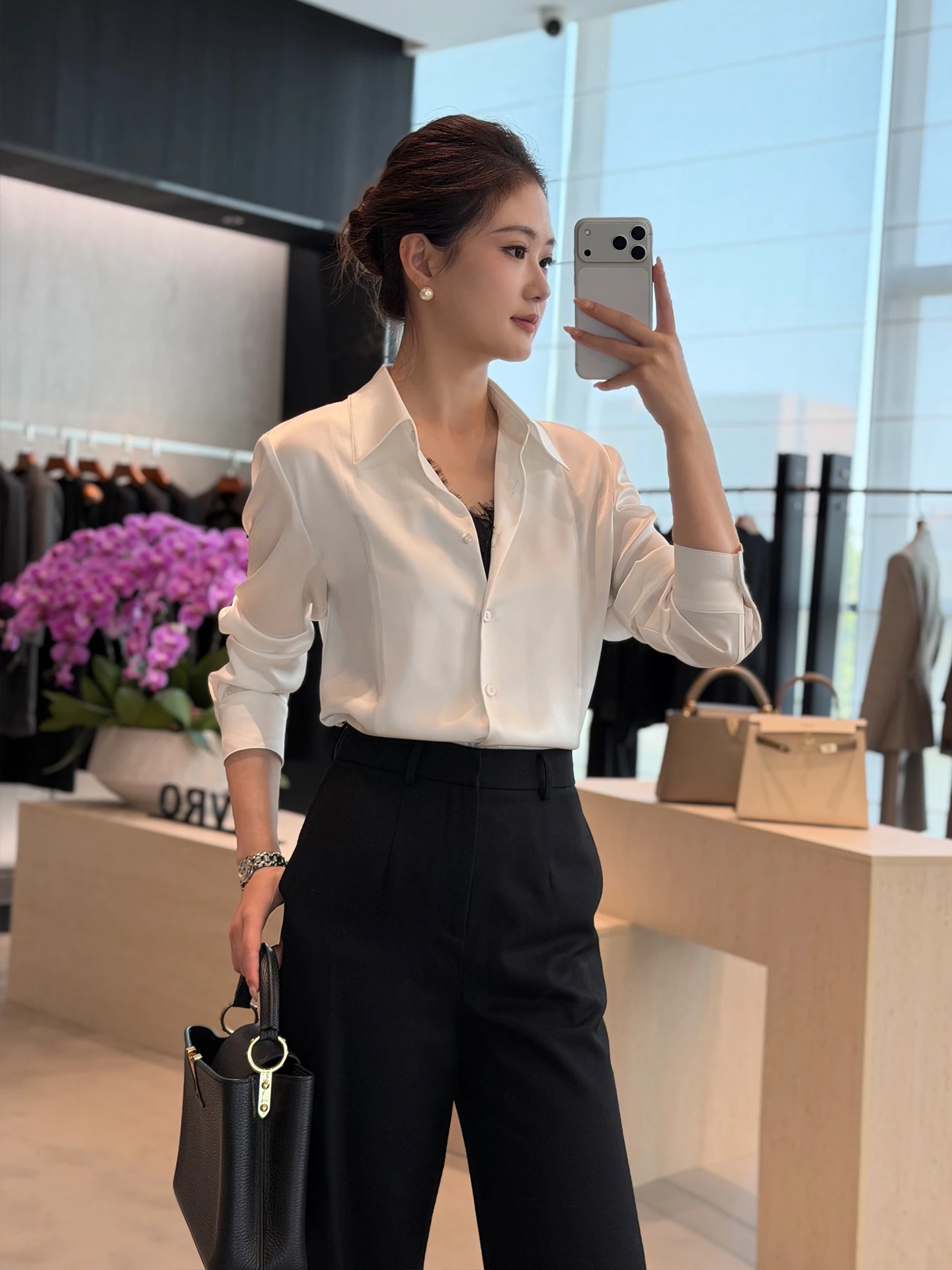 

Elegant Long Sleeve White Shirt for Women Business Commute Turn-down Collar High-end Feeling Fake Two-piecer Blouse Top