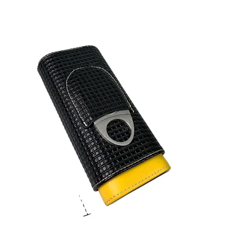 

Portable Durable Leather Case Holder 3 Cigar Case Tube Travel Black Cigar Cedar Humidor with Stainless Steel Cigar Cutter