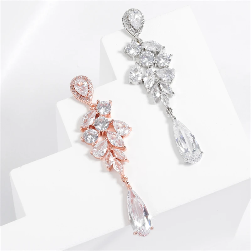 ZAKOL Fashion Water Drop Marquise Zircon Dangle Earrings for Women Shinny Crystal Leaf Long Earring Bridal Wedding Jewelry