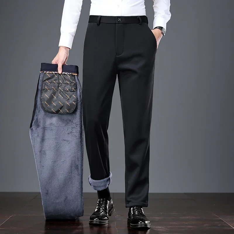 Winter Thermal Male Business Slacks Soft Plush Inner Lining Wrinkle Resistant Tailored Cut Formal Occasion Daily Wear Long Pants