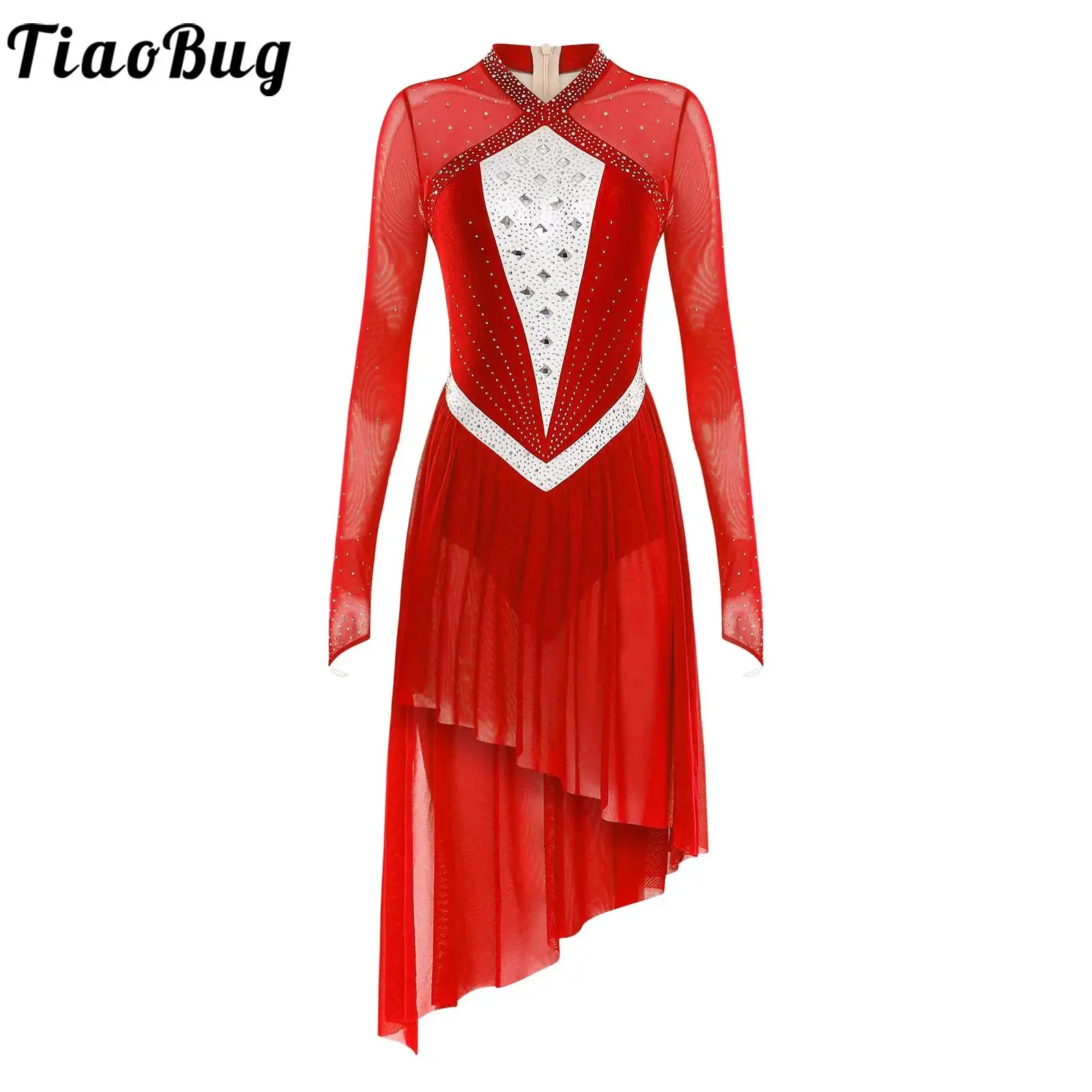 

Women Ballet Gymnastics Lyrical Dress Rhinestones Figure Skating Leotards Sheer Mesh Long Sleeve Patchwork Irregular Hem Dress