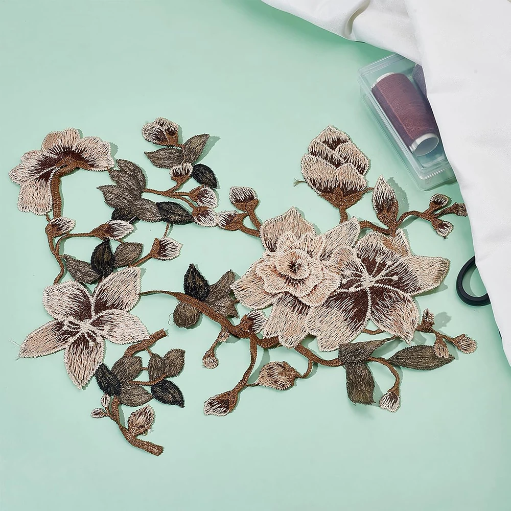 1 Pair Brown Pink Flower Embroidery Patches Bride Veil Wedding Dress Sew On for Girl Clothing DIY Crafts Applique Handmade view 2