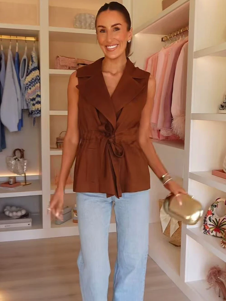 Chaleco Trench Vintage para Mujer 2026, de Moda, Liso, Sin Mangas, con Cuello Solapa, Cintura Ajustable con Cinturón y Cordón, con Bolsillos