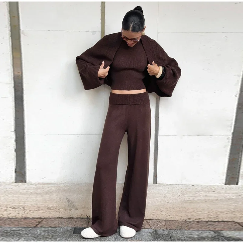 Damen Strick-3-Teiler-Set: O-Ausschnitt, ärmelloses Crop-Top, Langarm-Mantel, weit geschnittene Hose, Herbstmode, neue Strickwaren für Damen – Detail 17