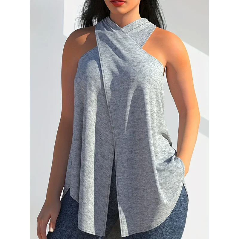 Plus-size European and American-style cross-over strapless top with a flared hem, loose-fitting and slimming casual vest image 3