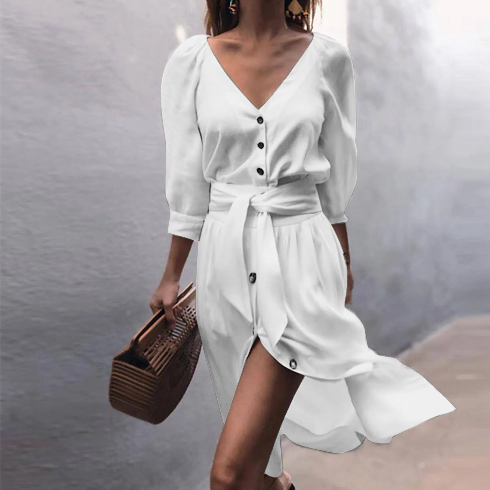 

Summer Sexy Women's Shirt Dresses Elegant Solid Color Lace-Up Long Sleeve Dress V-Neck Single Breasted Casual Mid Short Dresses