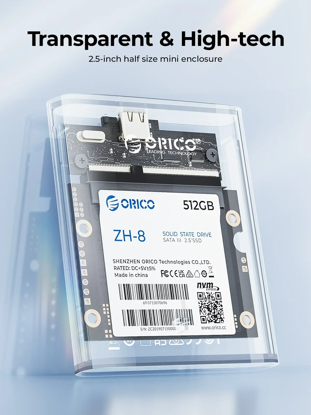 ORICO-Boîtier pour disque dur SSD de type C, 2.5 pouces, demi-taille, 5Gbps, prise en charge de la mise en veille automatique pour SSD de 2.5 pouces