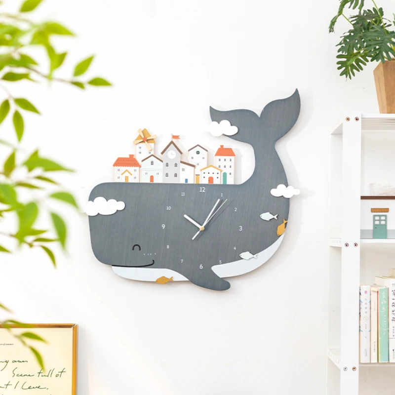 Wooden Whale Wall Clock Children's Room Decoration Cartoon Cute Home Decor Living Room Sofa Background Wall Hanging Decoration