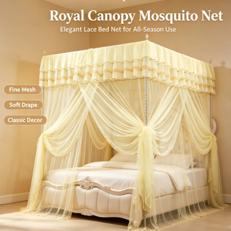 Luxury Palace Style Square Mosquito Net, 3-Door Zipper Design for 1.5m/1.8m Beds Thickened Metal Frame with Anti-Fall Protection