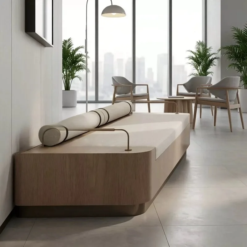Nordic solid wood living room fabric metal sofa, light luxury beauty salon club cafe straight row card seat leisure bench