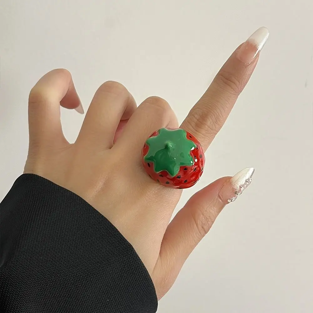 Strawberry Drip Oil Ring Geometric Korean Style Painting Ring Jewelry Accessories Minority Design Fruit Enamel Ring Couple