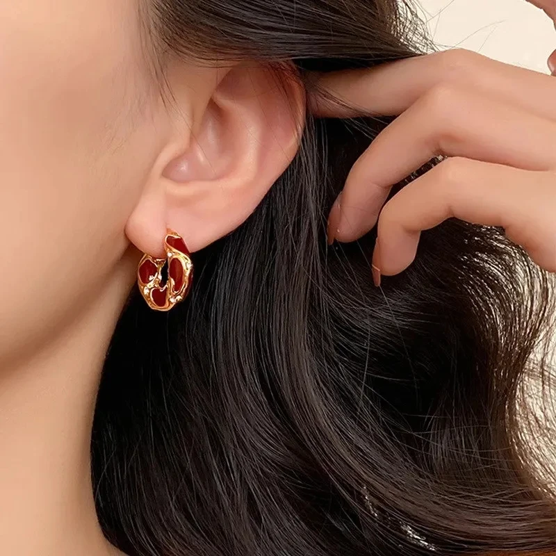 New Trendy Enamel Color Metal Texture Small Hoop Earrings for Women Gold Plated Statement Ear Buckle Creative Jewelry Gifts image 4