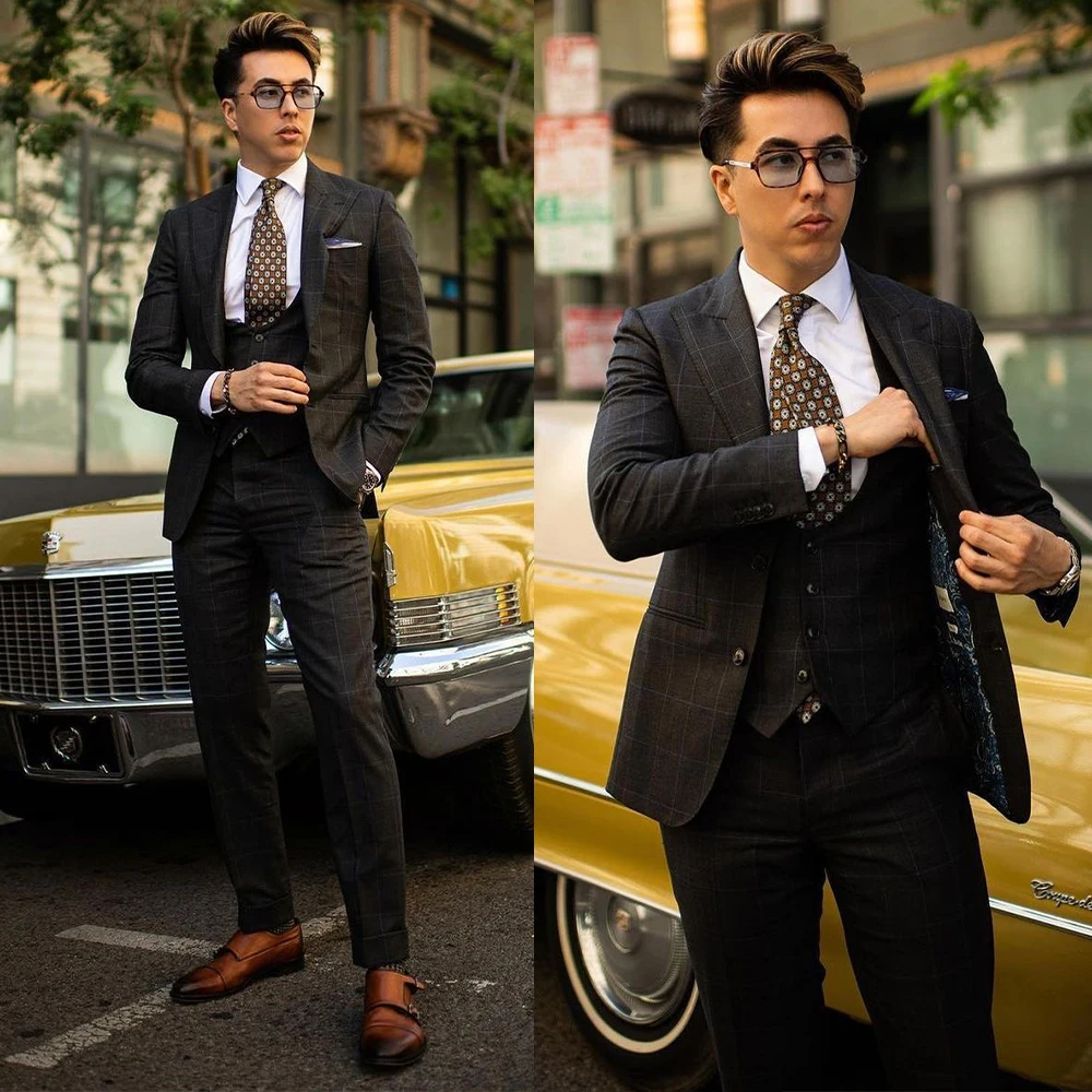 

Men Suit 3 Pieces Blazer+Vest+Pants Plaid Black Modern Single Breasted Wedding Businesss Formal Causal Daily Prom Tailored