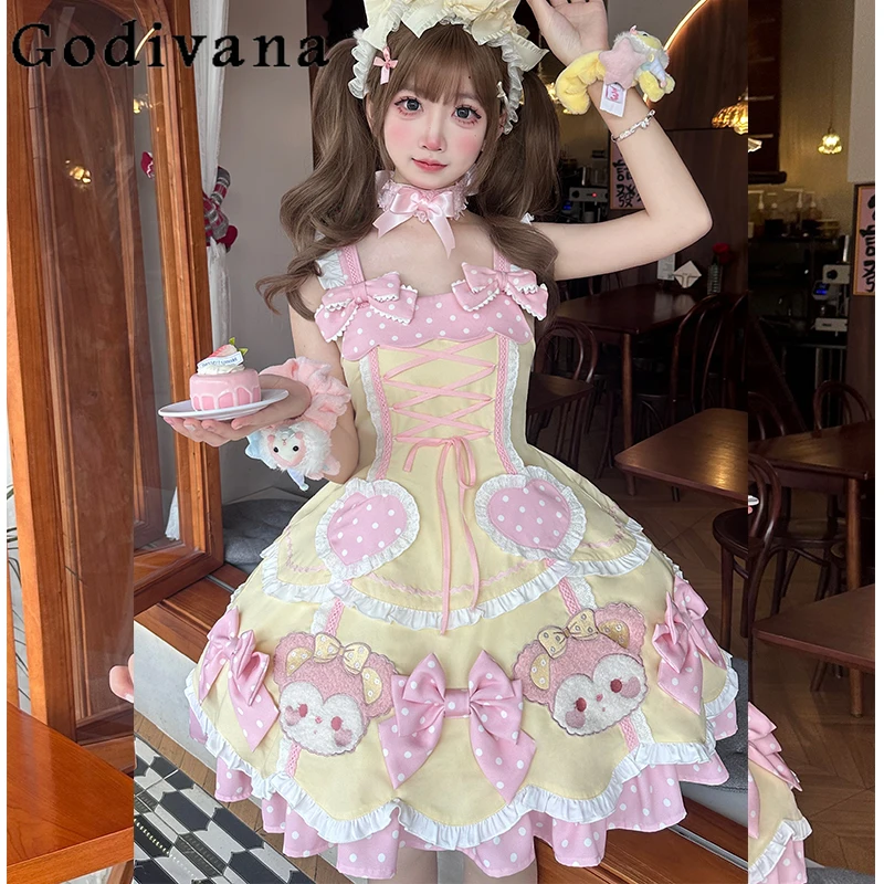

Sweet Girl Kawaii Birthday Party Dress Female Cute Bow Cartoon Polka Dot Lolita Suspender Dress Jsk Lori Lo Dresses Cloak Set