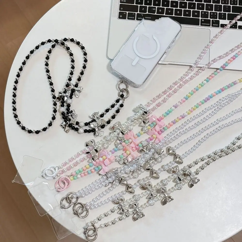 

Bow Heart Mobile Phone Lanyard Diagonal Lanyard Long Crossbody Phone Chain Beaded Anti-loss DIY Mobile Phone Chain Bag Straps