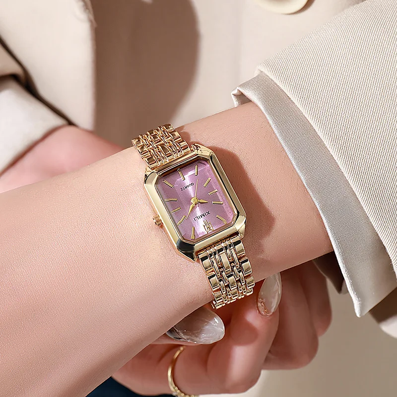 Luxury* Ladies Fashion Quartz Watch Simple Scale Square Quality Gold Plated Women Watches Business Stainless Steel Folding Clock