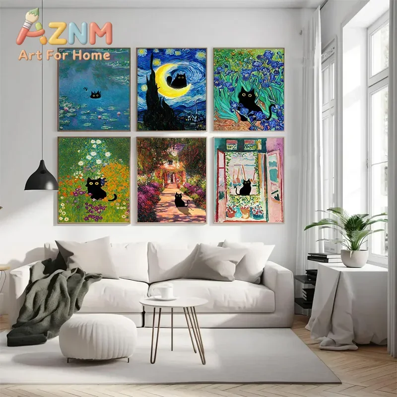 Classic Art Masterpieces Black Cat Posters Retro Wall Art Canvas Print Decorative Paintings Home Decor for Bedroom Living Room