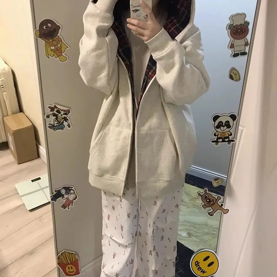 Women Vintage Plaid Patchwork Color Block Hoodie Jacket Autumn Winter Casual Cardigan Streetwear Hooded Sweatshirt Top - view 2