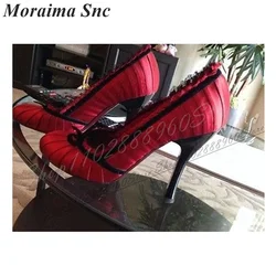 Trendy Red Silk Ruffles Decoration Pumps Thin High Heel Shoes For Women Slip On Round Toe 2024 Fashionable Zapatos Para Mujere
