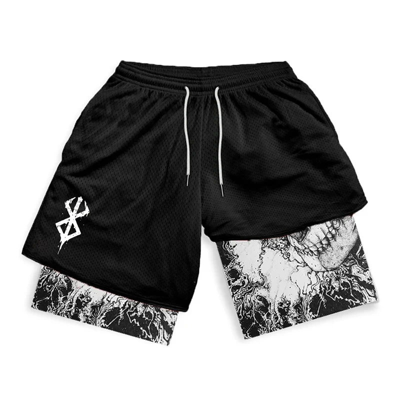 Berserk Print 2 in 1 Running Shorts for Men Gym Workout Fitness Athletic Shorts with Pockets Summer Activewear Quick Dry Stretch