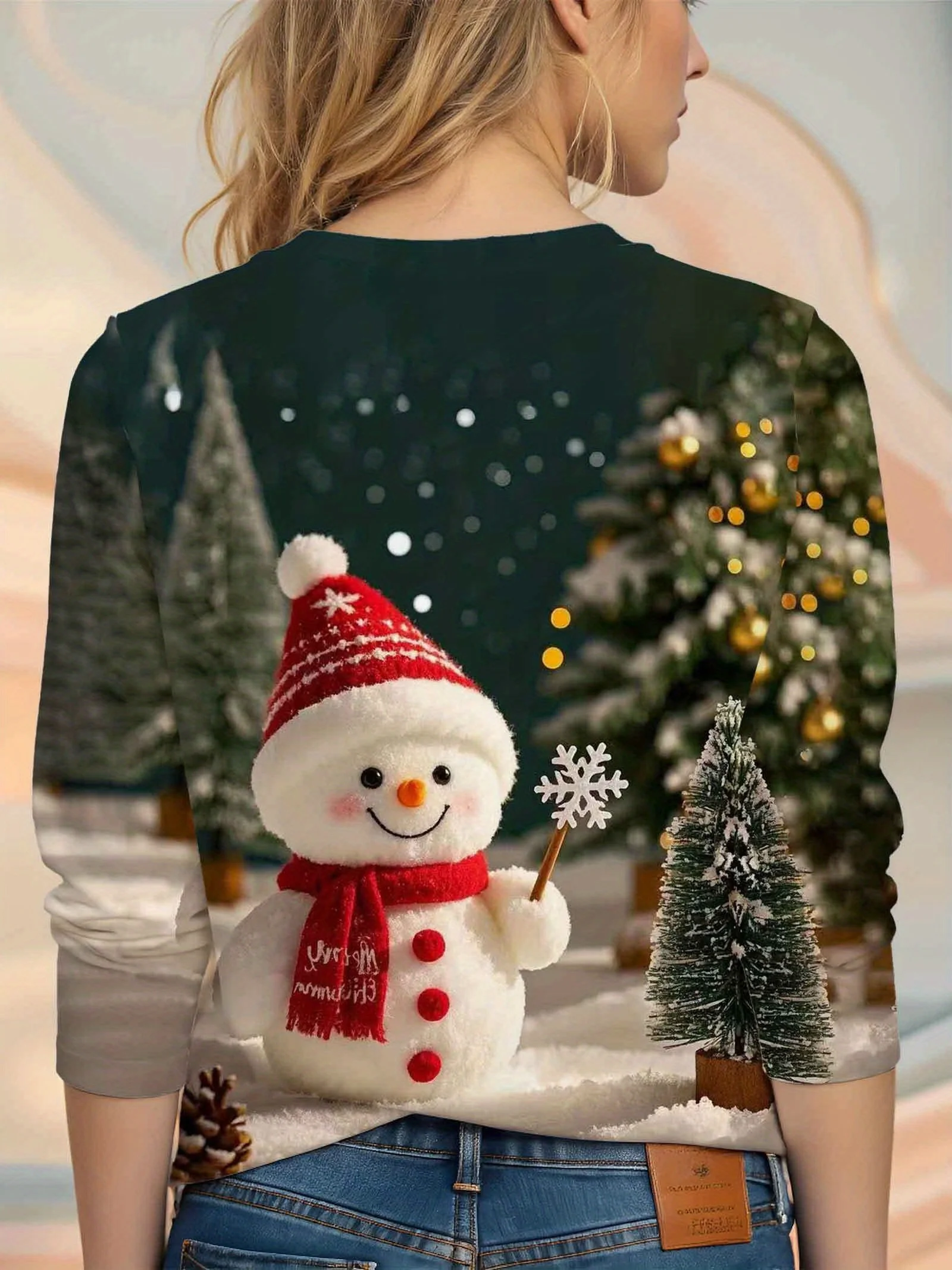 Women Round Neck Long Sleeve T‑Shirt Plush‑Style Snowman Scarf Christmas Scene Print Holiday Casual Party Top Women's Clothes